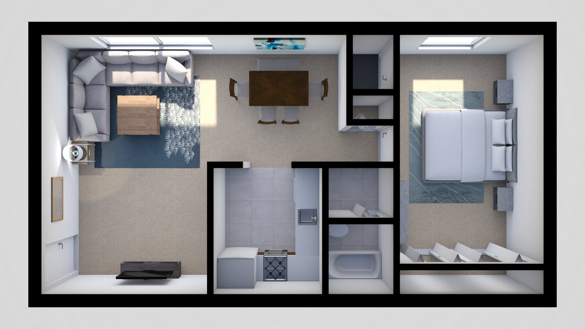 Floor plan for 1 bed, 1 bath, 741 sqft